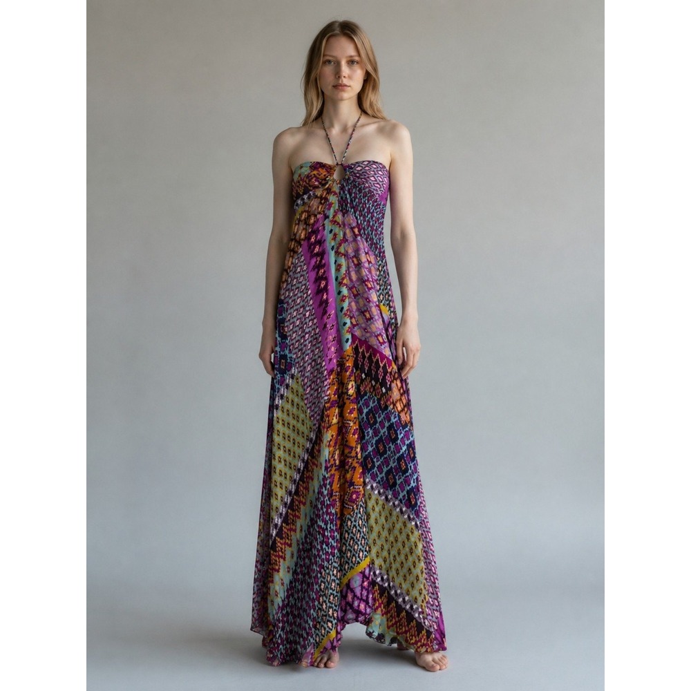 Tigerlily Utopia Trinity Maxi Dress Patchwork Halter Purple Geometric AU 10